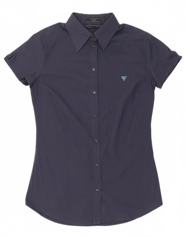 Guess Damen Kurzarmhemd UK 8 Small Marineblau Baumwolle