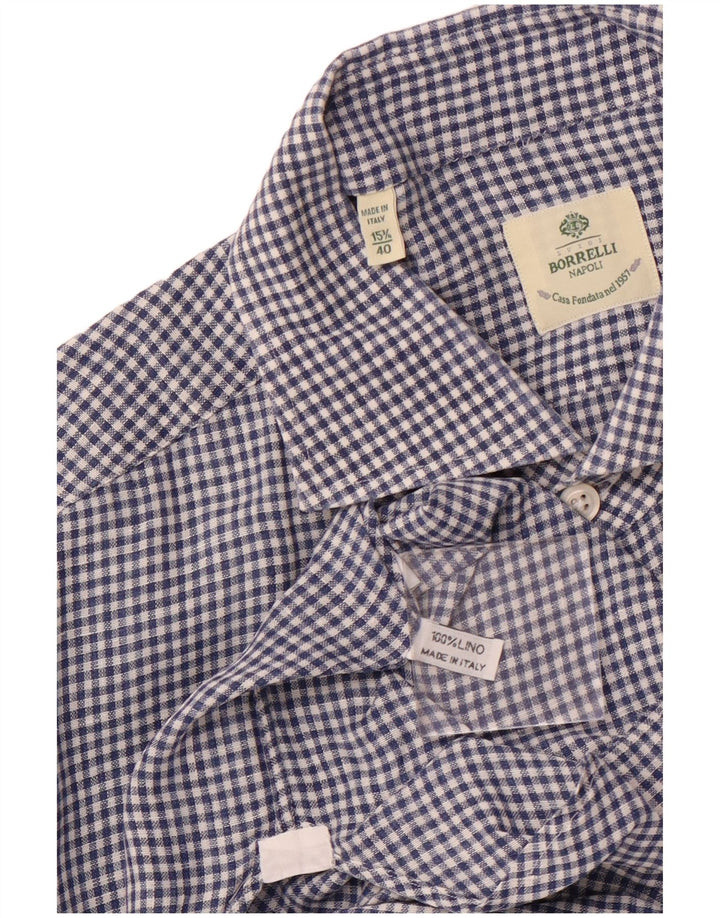 BORRELLI Herrenhemd Größe 40 15 3/4 mittelblaue Gingham-Baumwolle