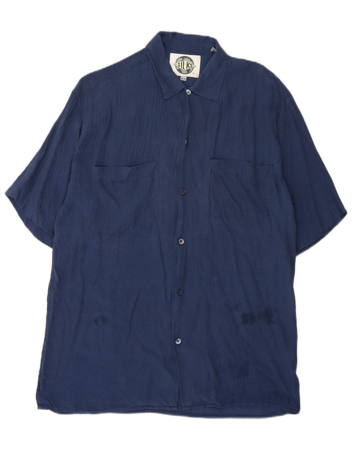Vintage Herren Kurzarmhemd Medium Navy Blue Seide