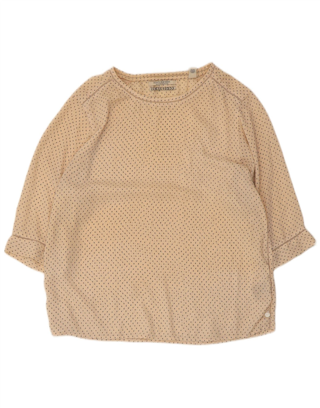 Scotch & Soda Damen-Blusenoberteil mit 3/4-Ärmeln, US-Größe 3, klein, beige gepunktet