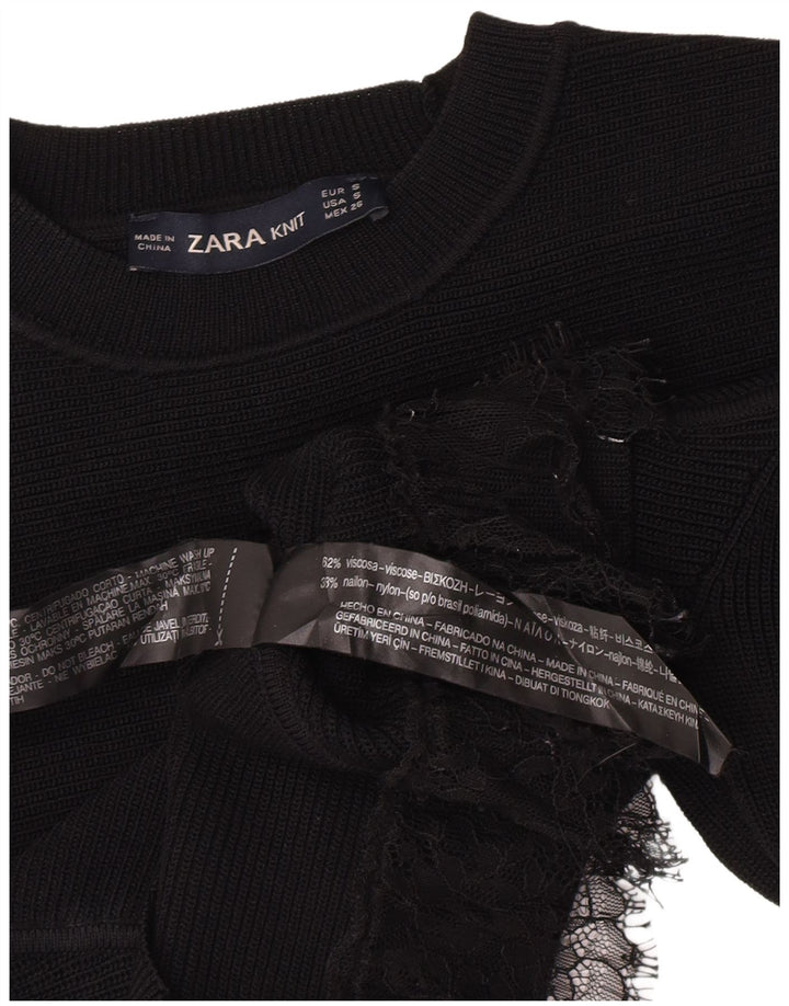 Zara Damen Crop Crew Neck Pullover Pullover UK 8 Small Schwarze Viskose