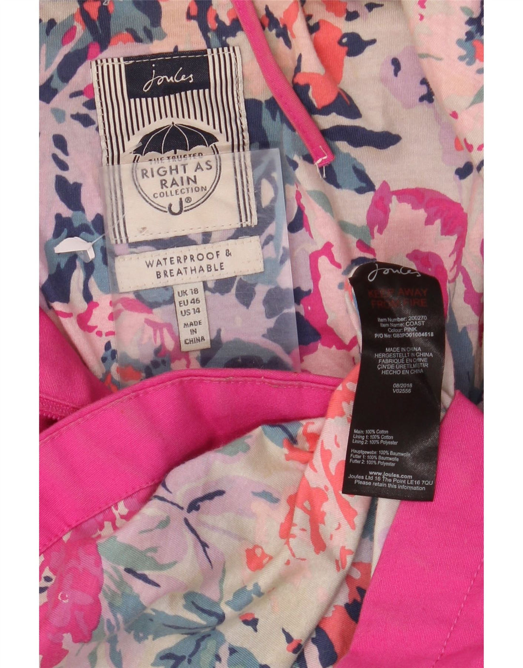 JOULES Damen Regenjacke mit Kapuze UK 18 XL Rosa Baumwolle