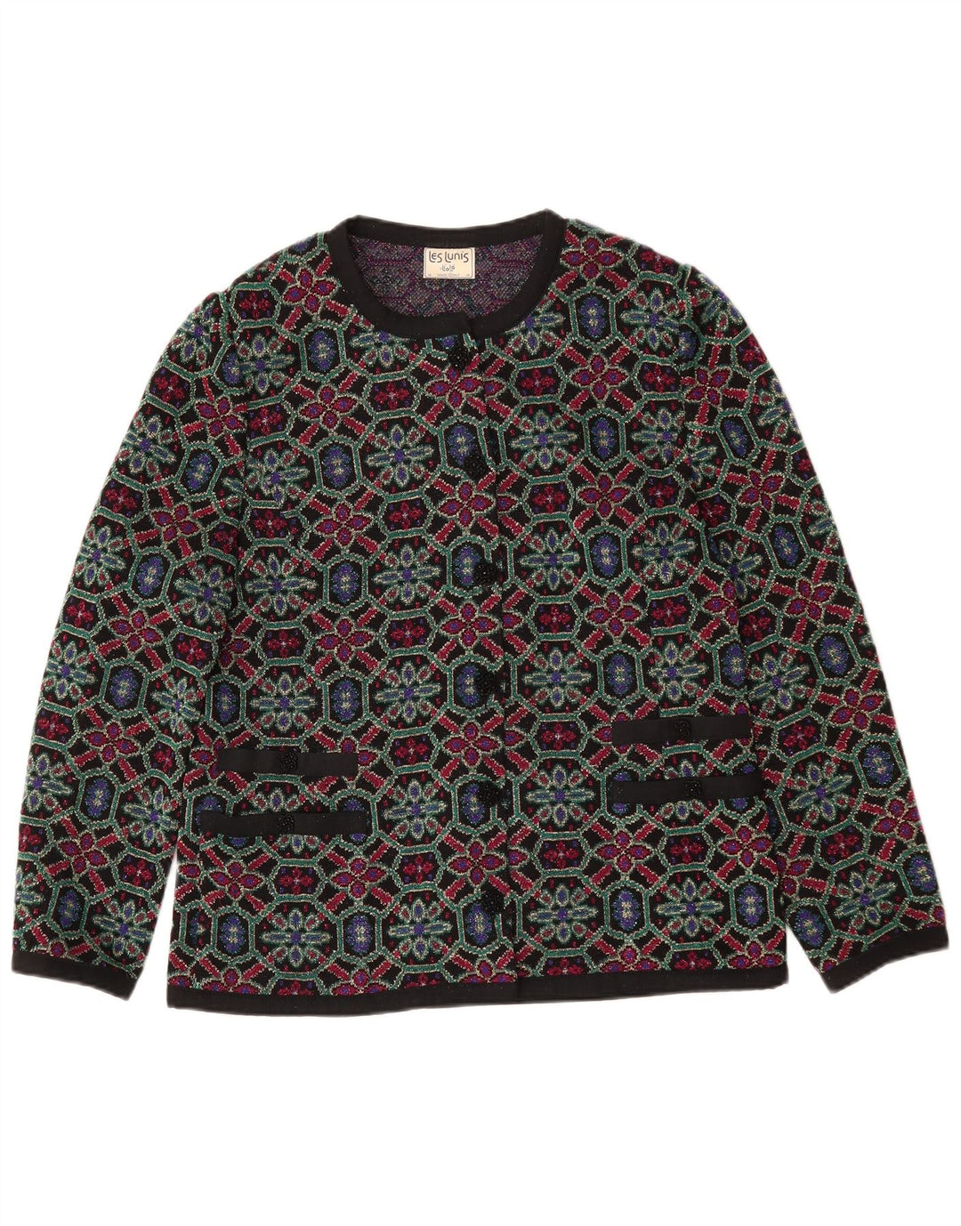 Les Lunis Damen-Cardigan-Pullover IT 48 XL Mehrfarbige geometrische Wolle