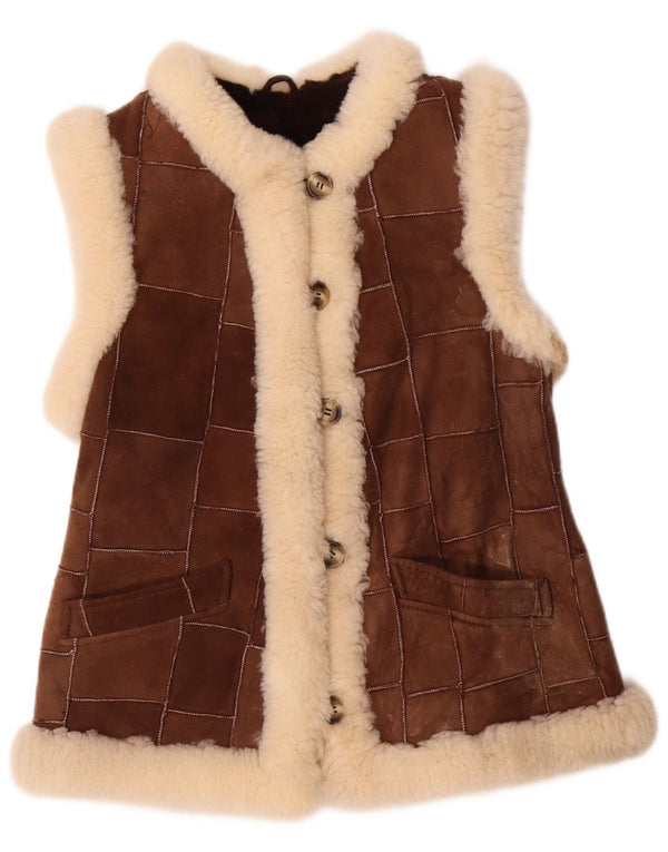 VINTAGE Damen Shearling Gilet EU 36 Kleines braunes Patchwork-Leder