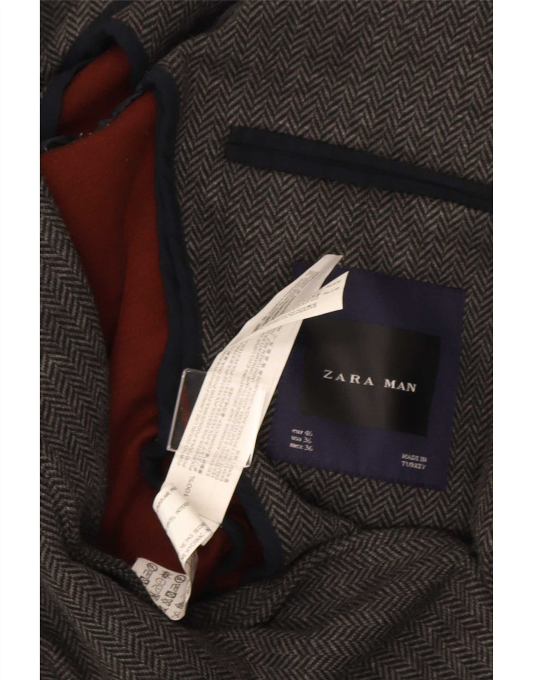 Zara Herren-Blazer mit 2 Knöpfen, EU 46, kleines graues Fischgrätenmuster aus Polyester