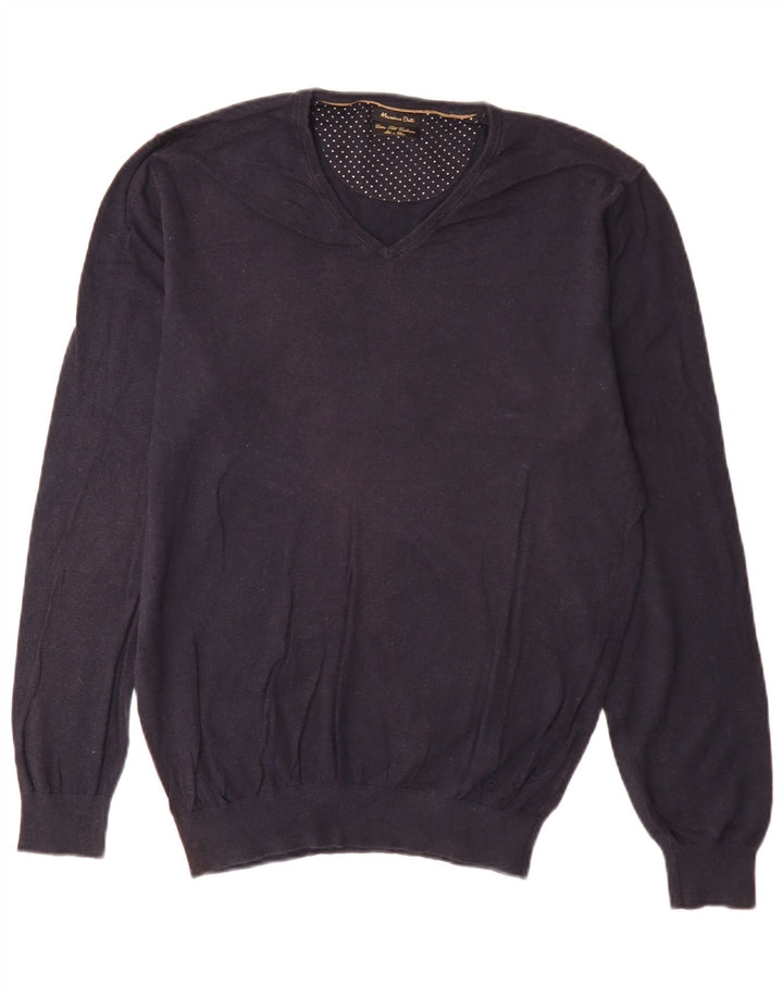 Massimo Dutti Herren-Pullover mit V-Ausschnitt, groß, marineblaue Baumwolle