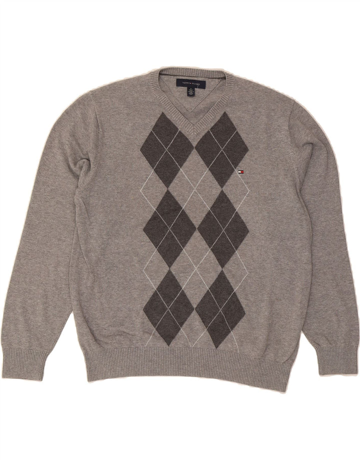 TOMMY HILFIGER Mens V-Neck Jumper Sweater Medium Grey Argyle/Diamond Vintage Tommy Hilfiger and Second-Hand Tommy Hilfiger from Messina Hembry 