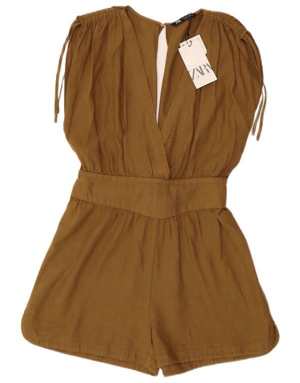 Zara Damen Ärmelloser Playsuit UK 18 XL Khaki Leinen