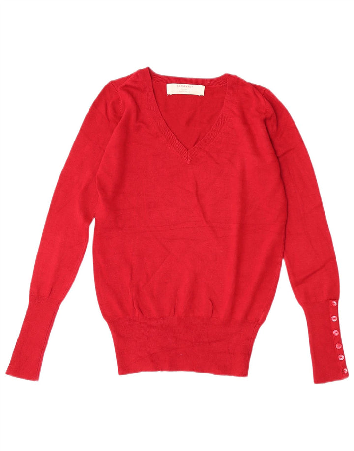 Zara Damen-Pullover mit V-Ausschnitt, UK 10, Größe S, rot, Viskose