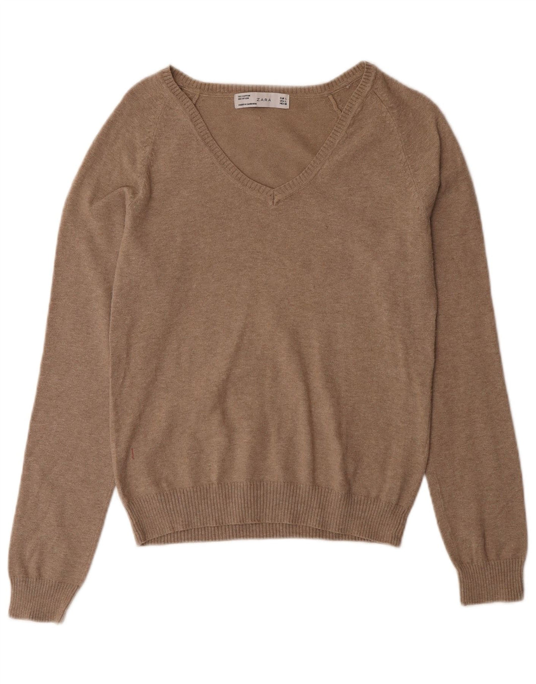 Zara Damen-Pullover mit V-Ausschnitt, UK-Größe 44, Größe L, braun, Baumwolle