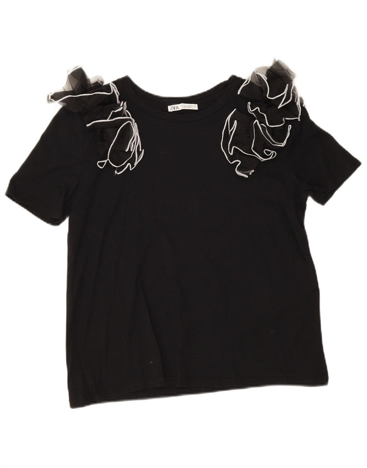 Zara Damen Bluse Top UK 10 Small Schwarze Baumwolle