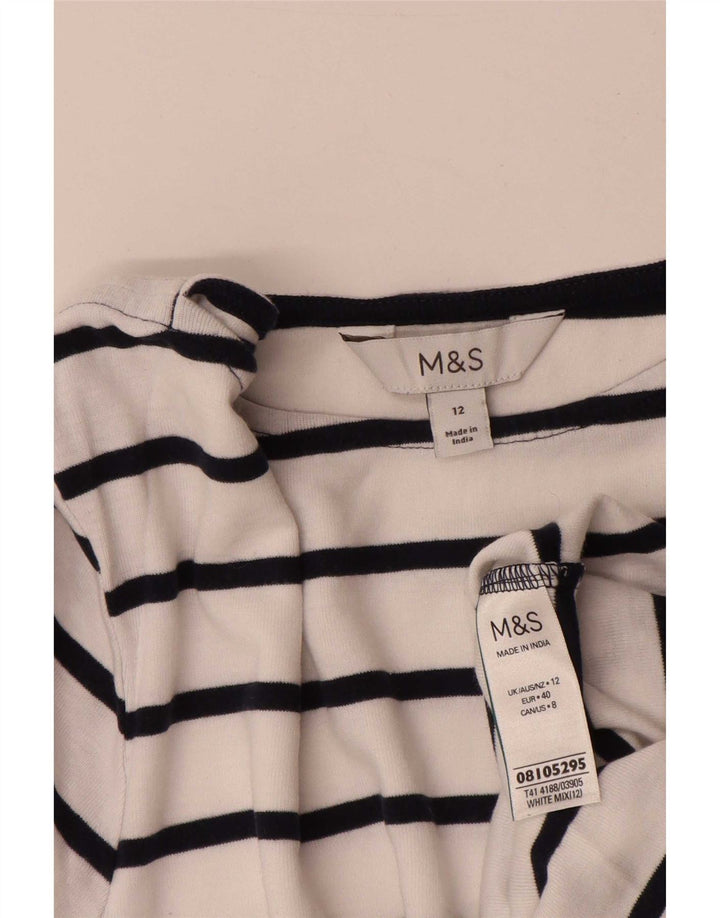 Marks & Spencer Damen-Top, 3/4-Ärmel, UK-Größe 12, Mittelweiß, gestreift, Baumwolle