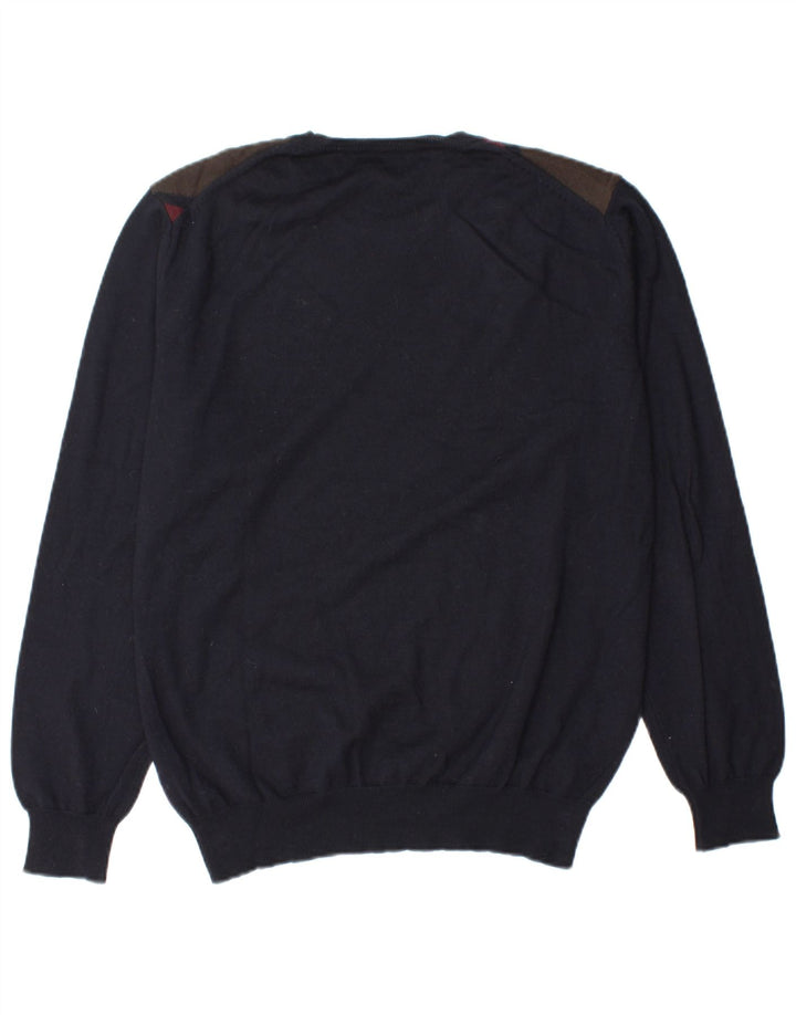 VINTAGE Mens Crew Neck Jumper Sweater IT 52 Large Navy Blue Argyle/Diamond