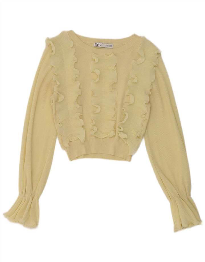 Zara Damen Crop Langarm-Blusenoberteil mit Rüschen vorne, Gr. 8, Gelb