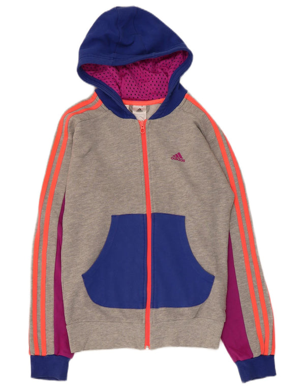 Adidas Mädchen-Kapuzenpullover mit Reißverschluss, 13–14 Jahre, graue Colourblock-Baumwolle