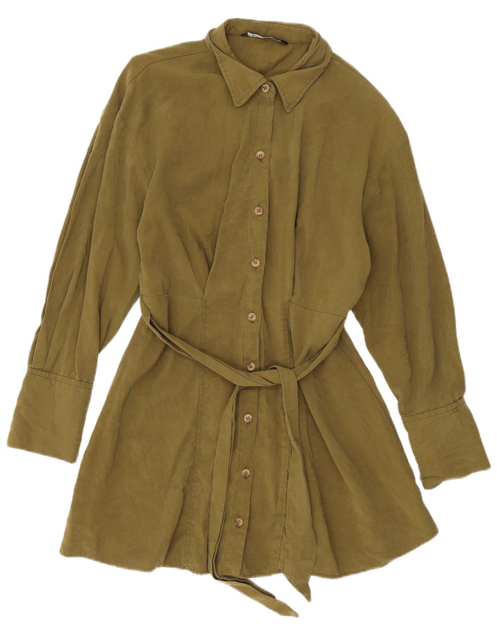 Zara Damen Hemdkleid UK 12 Mittel Khaki Viskose