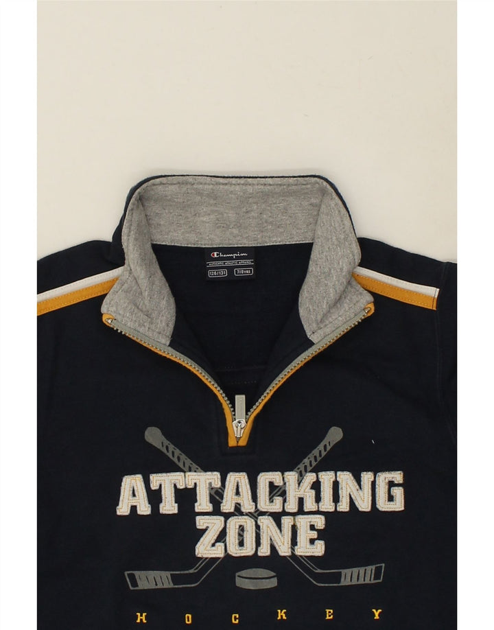CHAMPION Boys Graphic Zip Neck Sweatshirt Jumper 7-8 Years Navy Blue | Vintage Champion | Thrift | Second-Hand Champion | Used Clothing | Messina Hembry 