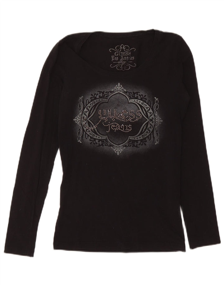 Guess Damen Graphic Top Langarm UK 12 Mittelschwarze Baumwolle