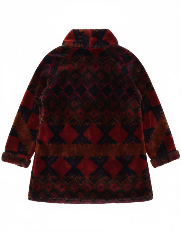 Vintage Damen Kunstfell Mantel UK 20 2XL Burgund Geometrisch