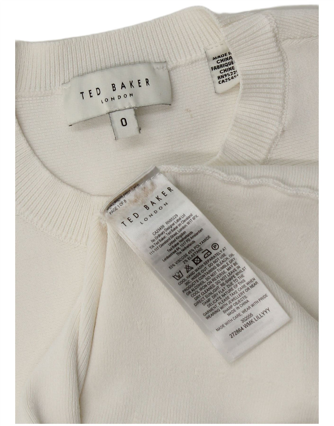 Ted Baker Damen-Pullover mit Rundhalsausschnitt, Größe 0 2XS, weiße Viskose