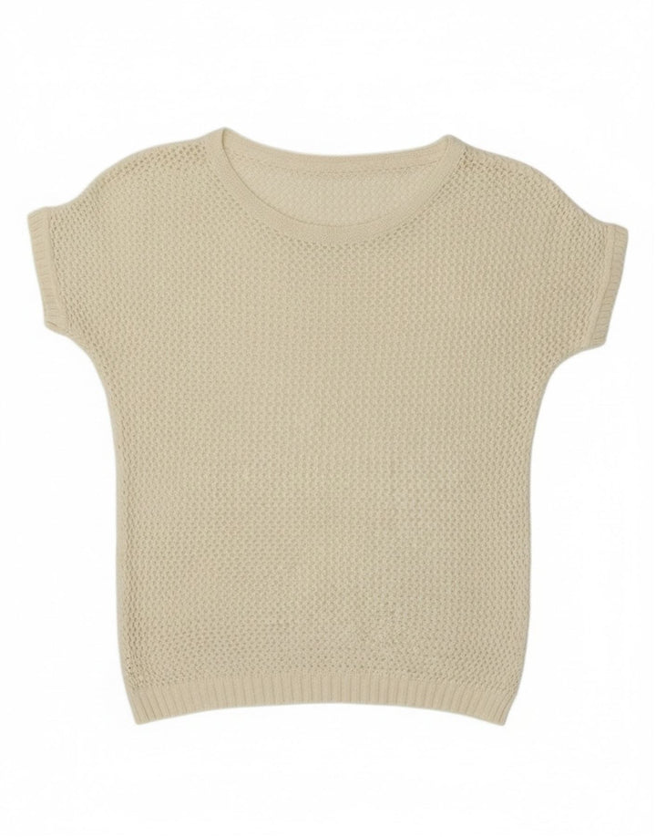 Vintage Damen Kurzärmeliger Pullover mit Rundhalsausschnitt UK 12 Medium Off White