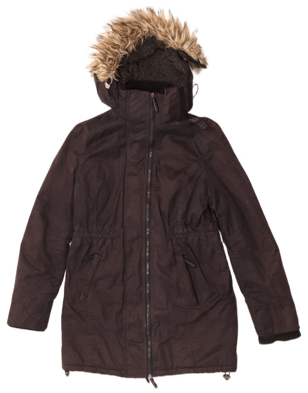 Superdry Womens Graphic Hooded Parka Jacke UK 16 Große schwarze Baumwolle