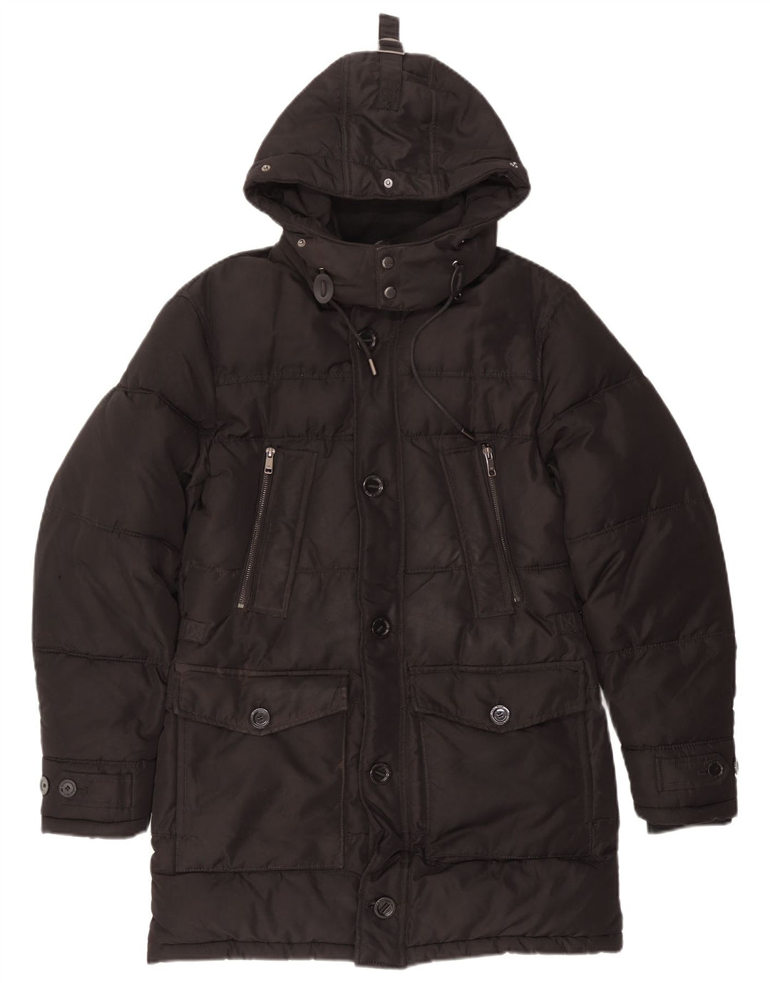 Zara Herren-Mantel mit Kapuze, gepolstert, Größe 36, Größe S, Schwarz, Polyester