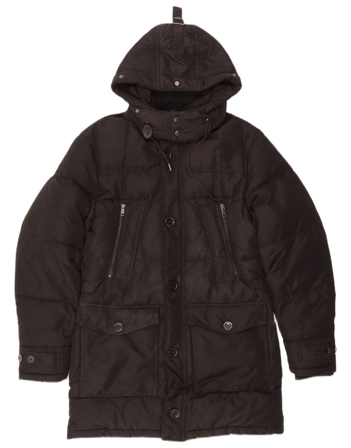 Zara Herren-Mantel mit Kapuze, gepolstert, Größe 36, Größe S, Schwarz, Polyester