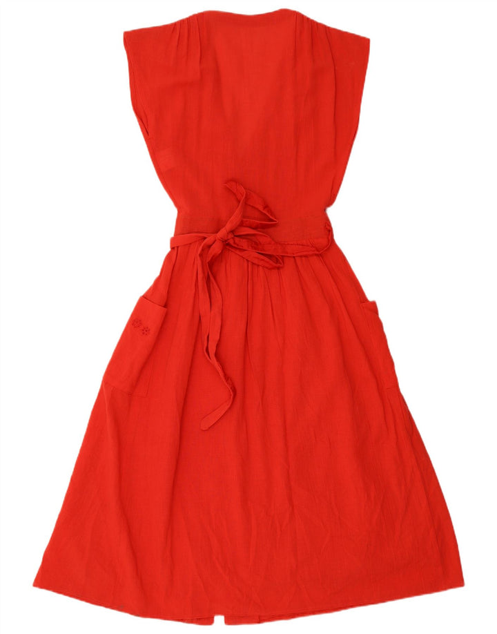 VINTAGE Damen Ärmelloses A-Linien-Kleid UK 12 Mittelrot geblümt