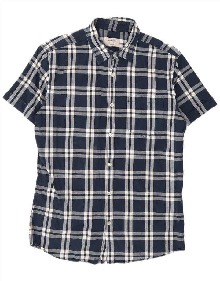 Jack & Jones Herren-Kurzarmhemd aus mittelblauer, karierter Baumwolle