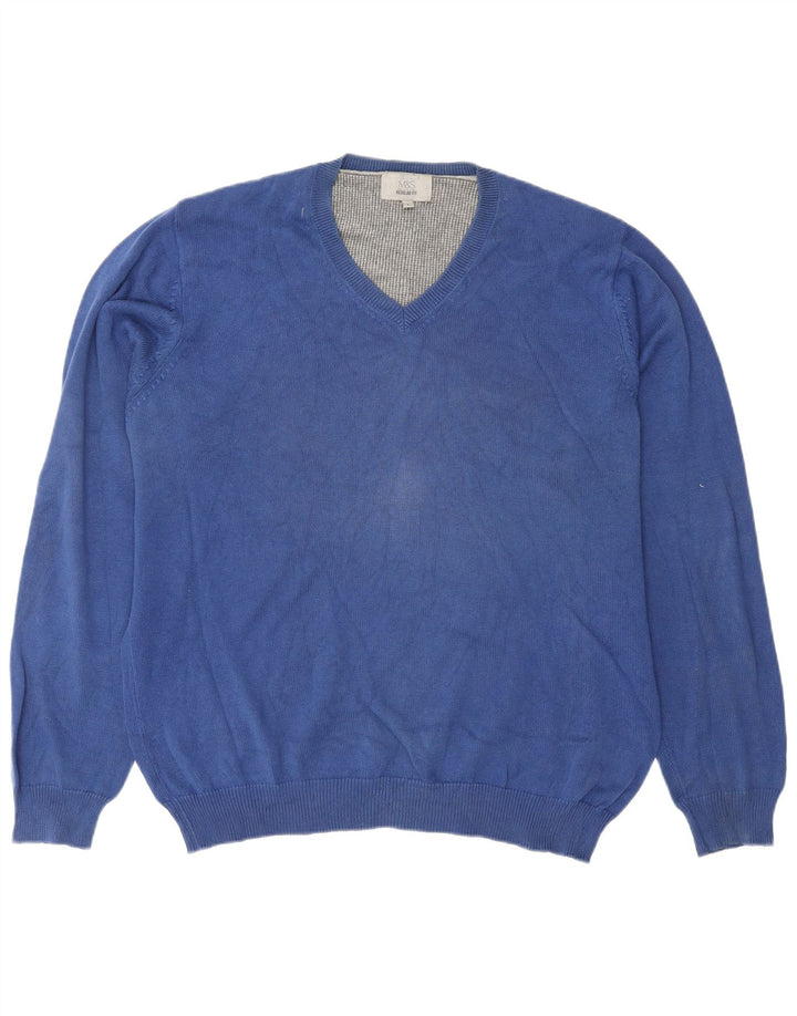 Marks & Spencer Herren-Pullover, reguläre Passform, V-Ausschnitt, Größe L, Blau, Baumwolle