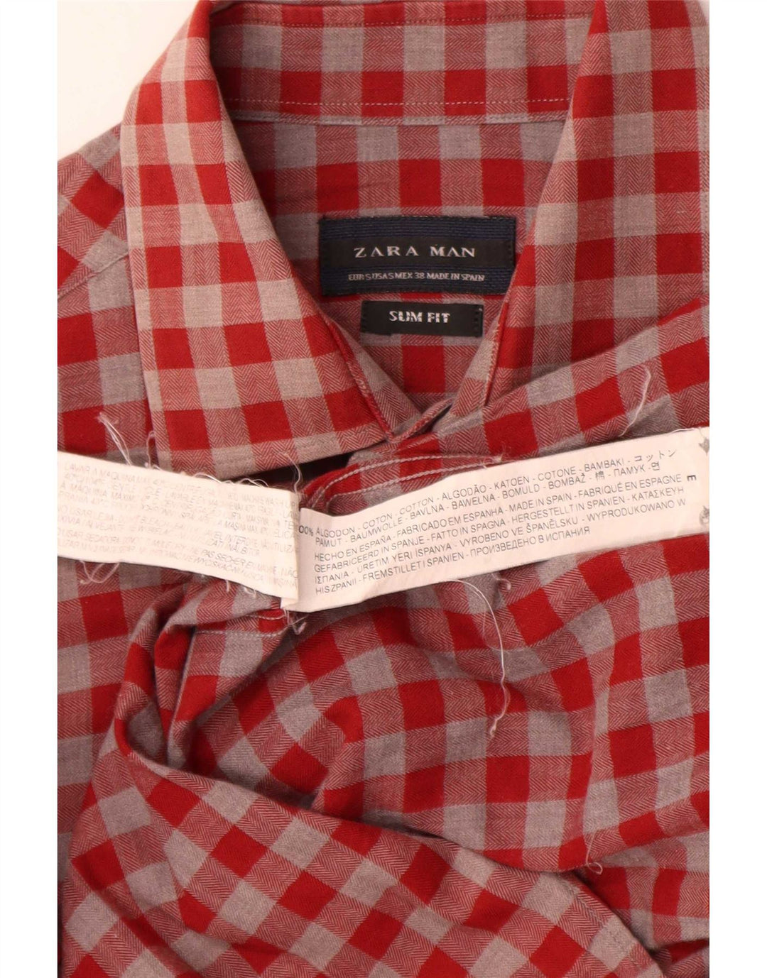 Zara Herren-Slim-Fit-Hemd, kleine rote Gingham-Baumwolle