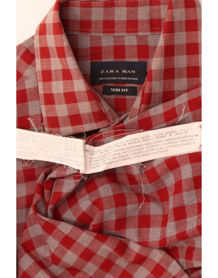 Zara Herren-Slim-Fit-Hemd, kleine rote Gingham-Baumwolle