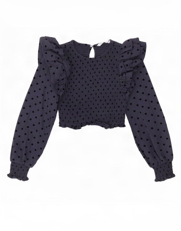 Zara Damen Crop Bluse Top UK 4 XS Marineblau gepunktete Baumwolle