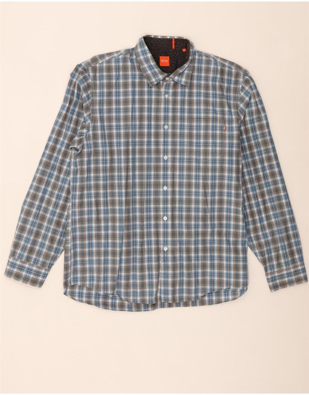 Hugo Boss Herrenhemd 2XL blau kariert Baumwolle