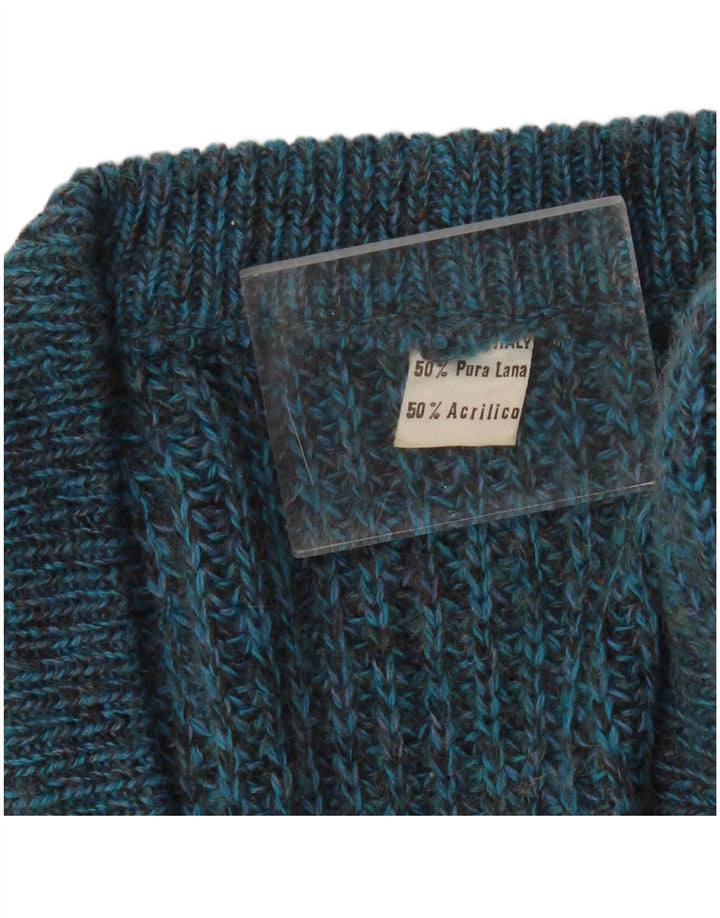 Vintage Herren-Pullover mit normaler Passform, V-Ausschnitt, mittelblau gefleckte Wolle