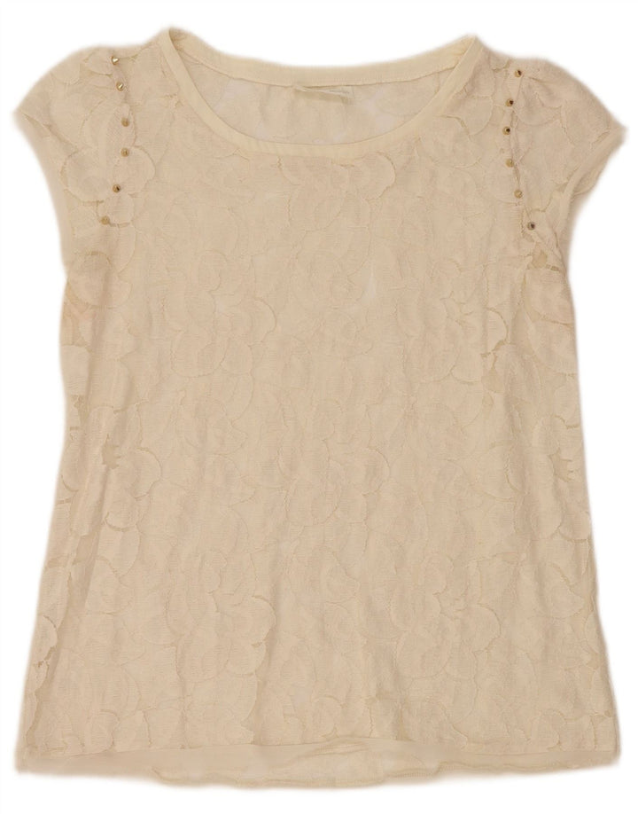 Zara Damen Spitzenblusenoberteil UK 12 Medium Off White Floral