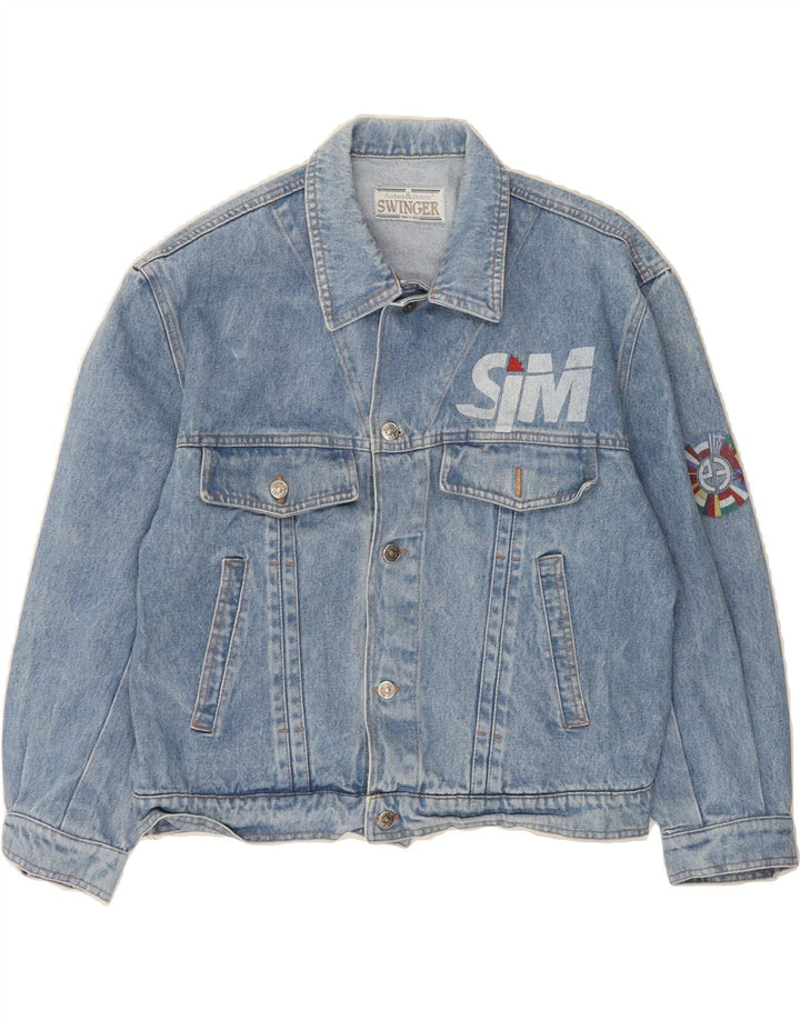 SWINGER Womens Graphic Denim Jacket UK 16 Large Blue Cotton Vintage Swinger and Second-Hand Swinger from Messina Hembry 