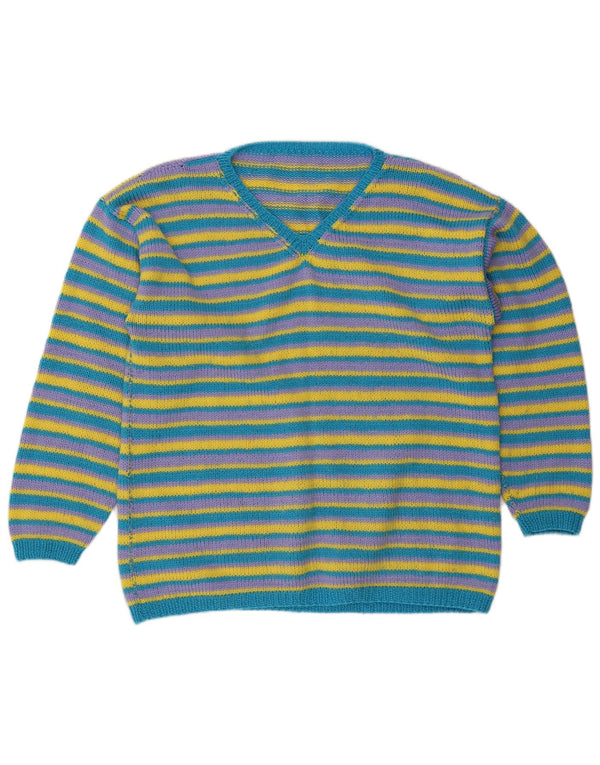 Vintage Damen V-Ausschnitt Pullover Pullover UK 16 Groß Blau gestreift