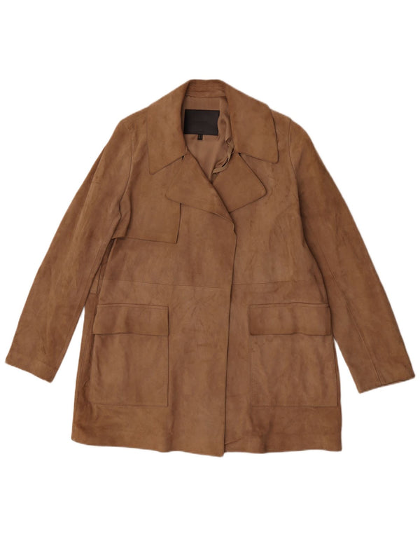 Massimo Dutti Damen Offener Wildledermantel UK 10 Small Beige Schaffell