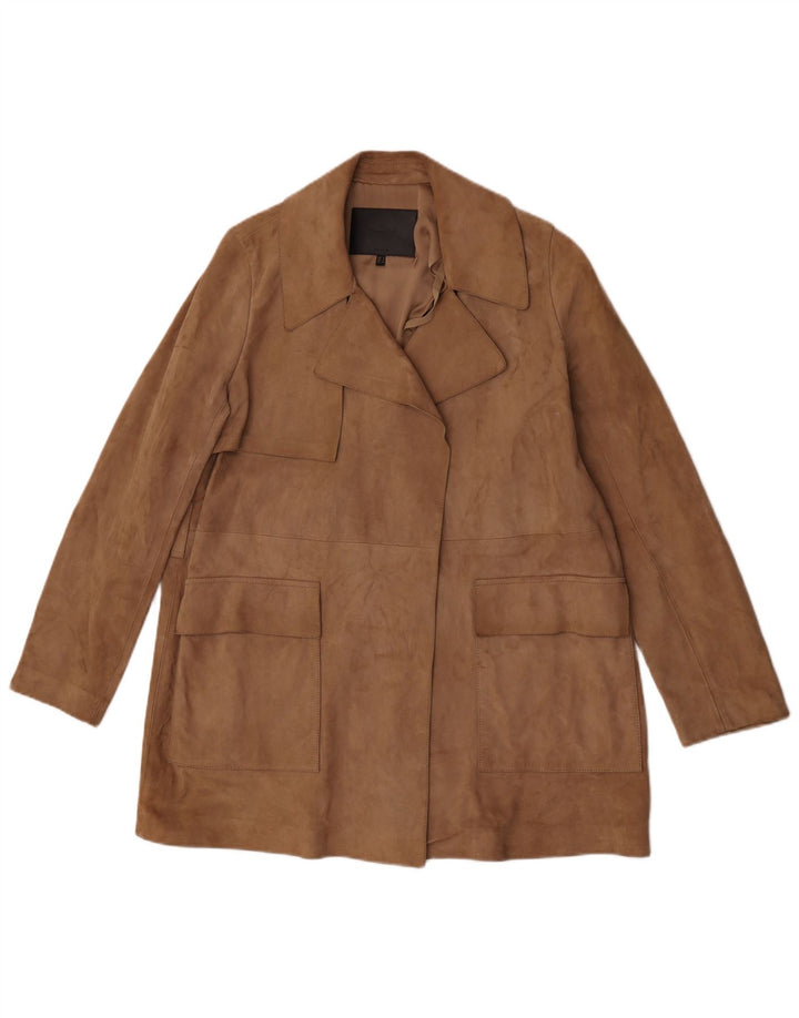 Massimo Dutti Damen Offener Wildledermantel UK 10 Small Beige Schaffell