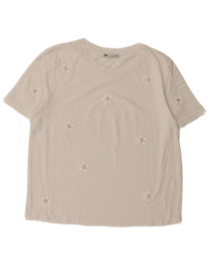 Zara Damen T-Shirt Top UK 14 Mittelweiß geblümt