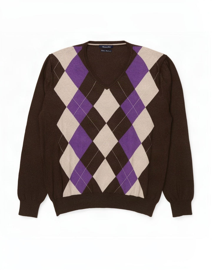 Massimo Dutti Herren-Pullover mit V-Ausschnitt, XL, braun, Argyle/Diamant-Baumwolle