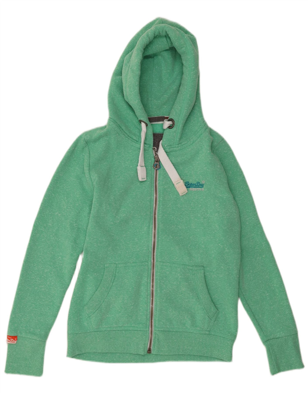 Superdry Damen-Kapuzenpullover mit Reißverschluss, UK 12, mittelgrün gefleckte Baumwolle