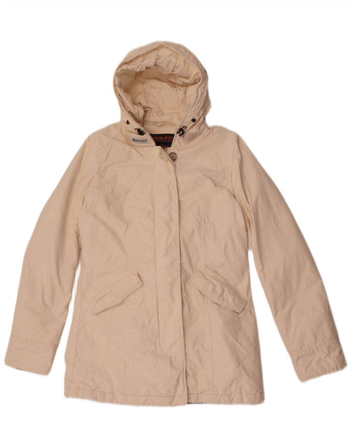 Woolrich Wattierte Damenjacke mit Kapuze, UK 10, Größe S, cremefarbene Baumwolle