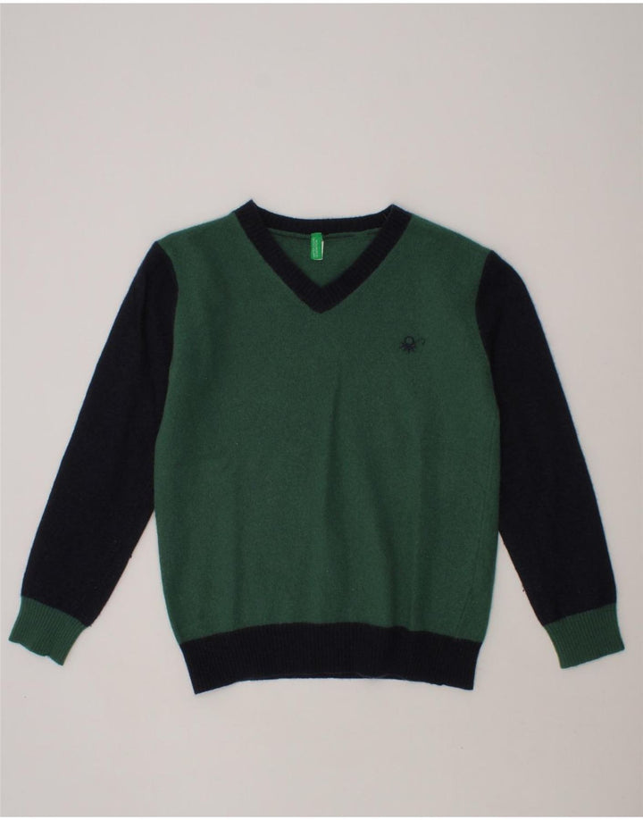 BENETTON Boys V-Neck Jumper Sweater 7-8 Years Medium Green Colourblock Vintage Benetton and Second-Hand Benetton from Messina Hembry 