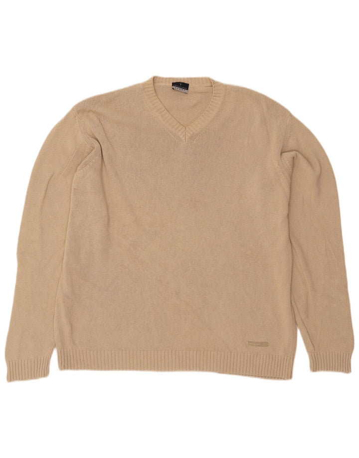Trussardi Herren-Pullover mit V-Ausschnitt, groß, beige Baumwolle