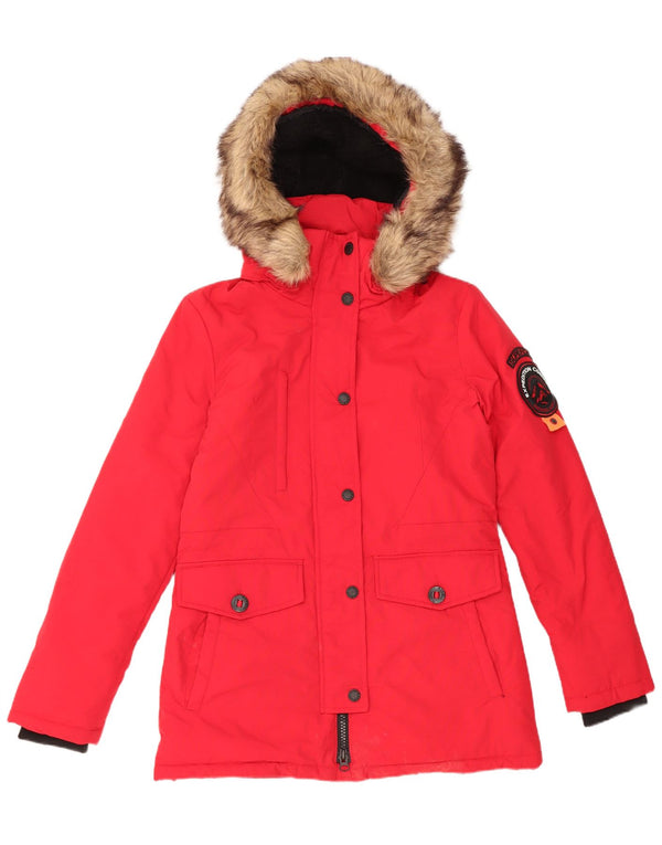 Superdry Damen-Parka mit Kapuze, übergroß, UK 10, Größe S, rotes Nylon