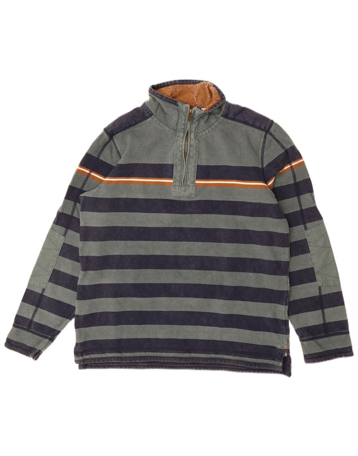 Fat Face Herren-Sweatshirt mit Reißverschluss am Hals, mittelgrün gestreifte Baumwolle