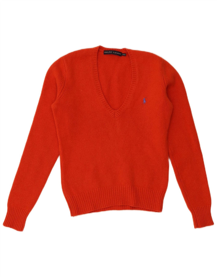 Ralph Lauren Damen-Pullover mit V-Ausschnitt, UK 12, mittelorange Wolle